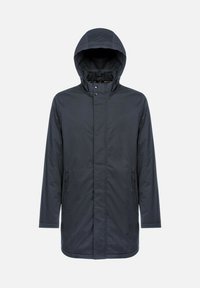 Giacca parka nera impermeabile con cappuccio, chiusura frontale a bottoni e due tasche laterali; texture liscia; taglio di lunghezza media.