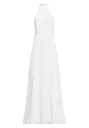 Robe blanche longue avec un col haut, design sans manches, silhouette en A et texture lisse. Dotée d'un ourlet longueur sol.