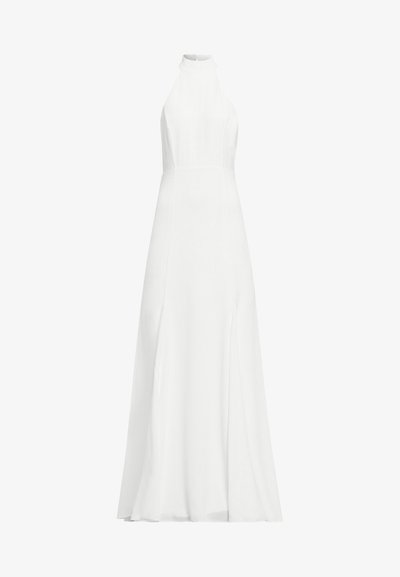 Long white dress with a high neckline, sleeveless design, A-line silhouette, and smooth texture. Featuring a floor-length hemline.