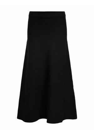Jupe évasée noire fabriquée en matériau doux et extensible avec une texture lisse et uniforme ; sans motifs visibles ni détails en métal.