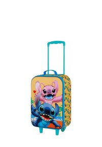 Hartschalenkoffer mit gelbem Vorderteil, das die Cartoonfiguren Stitch und Angel zeigt. Türkisfarbenem Griff und Rädern, blühendes Muster an der Seite.