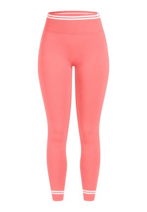 Koralfarvede leggings med høj talje og hvide striber øverst og nederst, lavet af strækbart stof med glat tekstur og tætsiddende pasform.