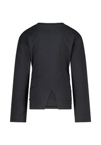 Zwarte longsleeve top gemaakt van zachte stof, met een gebogen zoom en gathered details aan de zijkanten, met een keyhole opening aan de achterkant.
