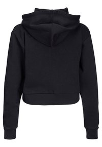 Sweatshirt cropped preto com capuz duplo forrado, punhos e bainha canelados, feito de um tecido macio com uma textura suave.
