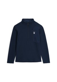 Maglione blu navy con colletto a zip e texture a costine. Presenta un logo sulla tasca del petto e pannelli laterali a contrasto per un tocco di design.