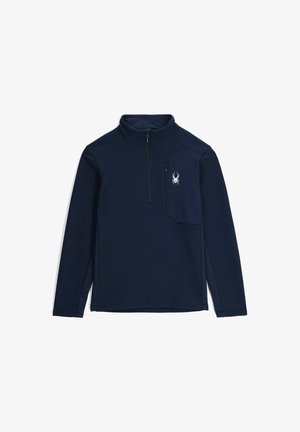 Maglione blu navy con colletto a zip e texture a costine. Presenta un logo sulla tasca del petto e pannelli laterali a contrasto per un tocco di design.