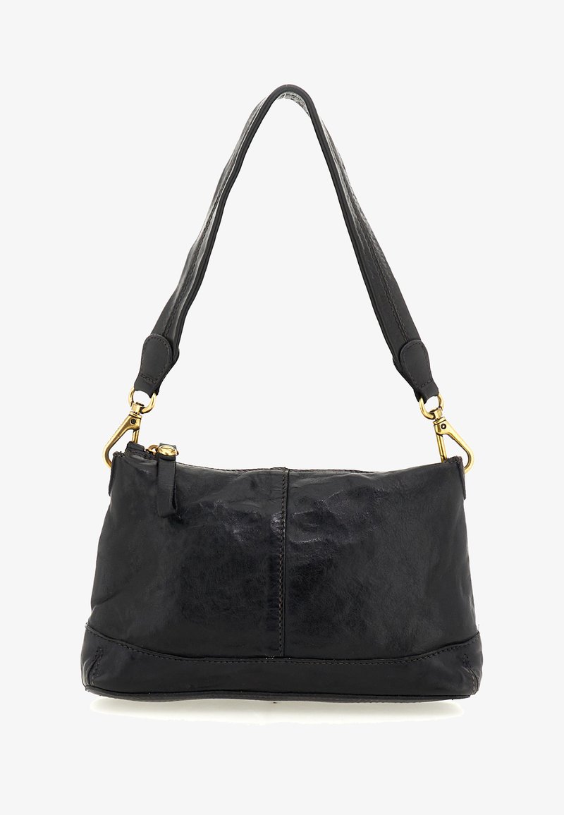 Borsa a tracolla in pelle nera con chiusure dorate e una singola tracolla, forma rettangolare e chiusura superiore con cerniera.