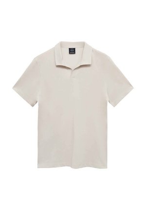 Svetlobéžová polo tričko s klasickým golierom, krátkymi rukávmi a voľným strihom. Vyrobené z hladkej, mäkkej látky, s minimálnym zdobením.