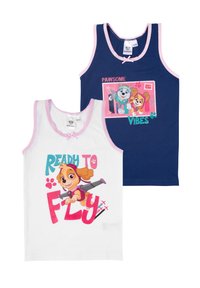 Two sleeveless tank tops: one white with pink trim featuring a cartoon dog and text "READY TO FLY," the other navy with pink trim and "PAWSOME VIBES."