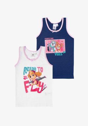 Two sleeveless tank tops: one white with pink trim featuring a cartoon dog and text "READY TO FLY," the other navy with pink trim and "PAWSOME VIBES."