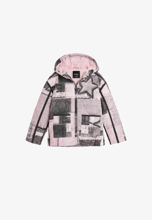 Pink-schwarze Patchwork-Kapuzenjacke mit Frontreißverschluss und zwei Vordertaschen mit Stern- und abstrakten Mustern.