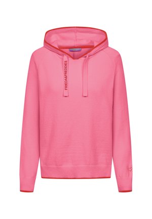 Różowa bluza z kapturem z długimi rękawami, czerwonym wykończeniem na krawędziach, sznurkami z napisem "FRIEDA&FREDDIES" oraz niewielkim haftem serca na prawym mankiecie.