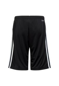 Černé sportovní šortky vyrobené z hladkého materiálu, vybavené bílými bočními pruhy a elastickým pasem. Bez kapes nebo dalších výraznějších detailů.