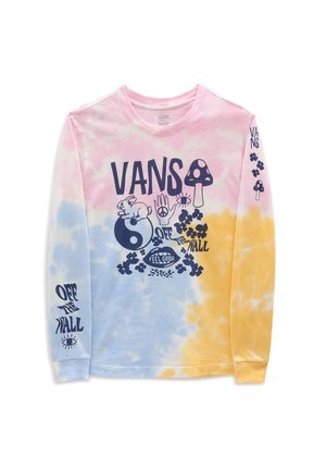 T-shirt à manches longues tie-dye en rose, bleu et jaune avec un logo Vans bleu foncé, un champignon, un lapin, une main faisant le signe de la paix, un yin-yang, des fleurs, et le texte "Off The Wall".