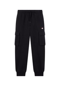 Schwarze Baumwoll-Cargohosen mit elastischem Bund, zwei Seitentaschen und einem kleinen Logo am oberen Bein. Bündchen am Knöchel.