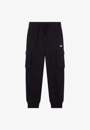 Čierne bavlnené nohavice cargo s elastickým pásom, dvoma bočnými vreckami a malým logom na hornej časti nohy. Lemovanie pri členkoch.