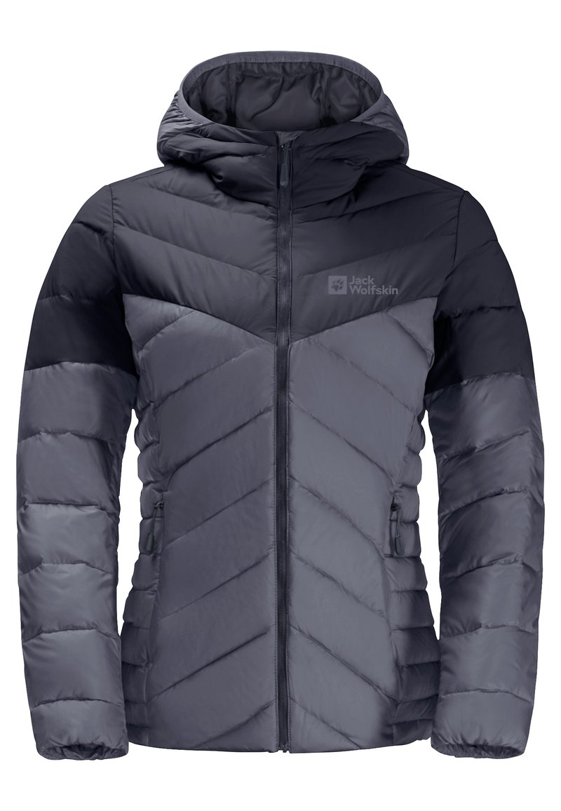 Gevoerde jas met capuchon, voorzien van een chevronpatroon in donkere en lichte grijstinten. Inclusief ritszakken en een logo.