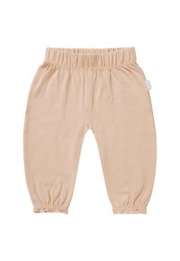 Licht perzikkleurige broek van zachte stof. Voorzien van een elastische tailleband en elastische boorden bij de enkels voor een gatherlook.