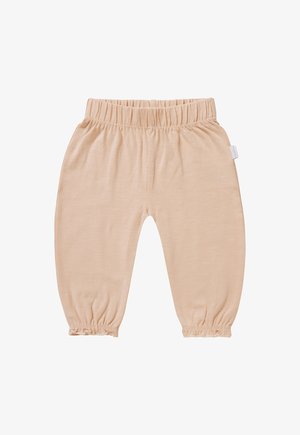 Pantalons en pêche clair, en tissu doux. Dotés d'une taille élastique et de poignets élastiqués aux chevilles pour un look froncé.