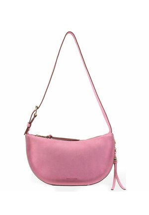 Pinke Leder-Umhängetasche mit goldfarbenem Reißverschluss, verstellbarem Riemen und abgerundetem Boden, kleiner Quasten-Detail an der Seite.