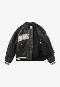 Black leather bomber jacket with ribbed cuffs and hem, featuring quilted interior, side pockets, and a large "BLK" graphic on the front.