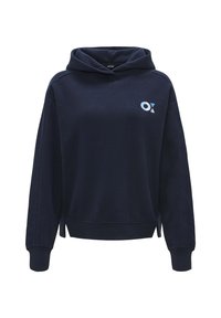 Felpa con cappuccio blu navy realizzata in tessuto morbido, con un piccolo logo azzurro sul lato sinistro e spacchetti ai lati dell'orlo.