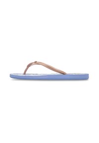 Pink rubber flip-flop with a textured strap, featuring a blue sole and patterned footbed. Lightweight design with minimal elevation.
