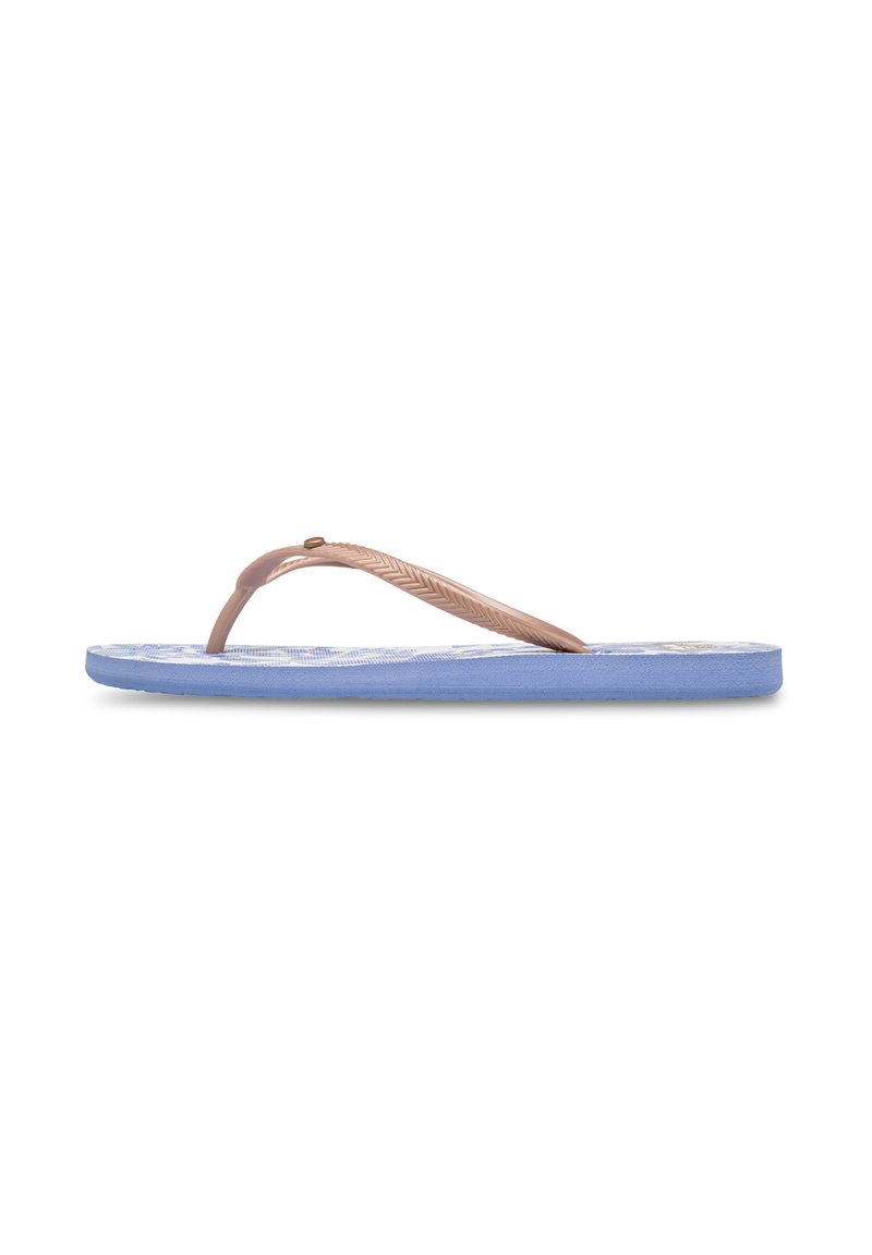 Pink rubber flip-flop with a textured strap, featuring a blue sole and patterned footbed. Lightweight design with minimal elevation.