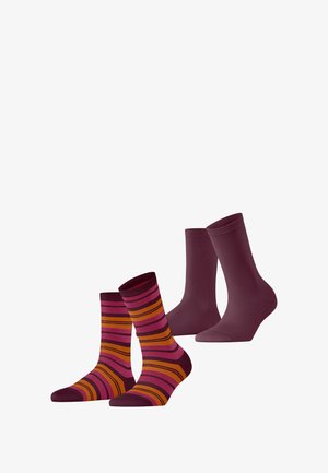 Two pairs of socks: one with vertical stripes in pink, orange, and burgundy, and another solid burgundy pair; knit fabric, mid-calf length.