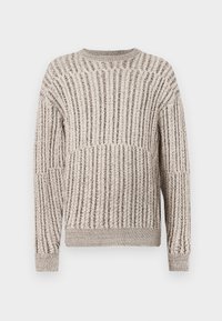 Beige strukturierter Pullover mit vertikalem Rippmuster, Rundhals-Ausschnitt und langen Ärmeln. Weiches Material mit einem leicht lockeren Schnitt.