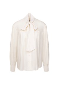 Blouse crème à manches longues avec un devant à boutons, un tissu froncé et un grand nœud noué au cou.