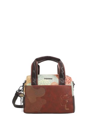 Kleine Handtasche mit multicolor gemustertem Stoff, brauner Lederfront, dekorativem, geprägtem Design und doppelten Griffen mit abnehmbarem Schulterriemen.