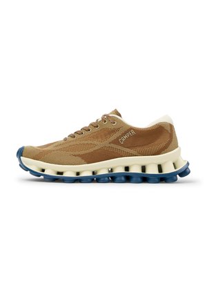 Brown mesh sneaker with white cushioned midsole and blue segmented outsole, featuring lace-up front and "Camper" branding on the side.