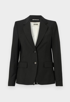 Blazer noir au design ajusté, avec des revers crantés, deux poches avant et une fermeture à un bouton. Fabriqué en tissu lisse.