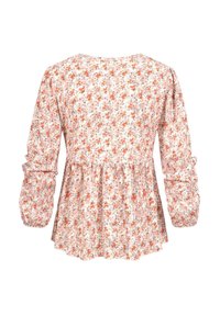 Blusa floreale in crema chiaro con motivi arancioni e grigi, caratterizzata da un collo rotondo, maniche a sbuffo e una vita arricciata per una silhouette fluida.