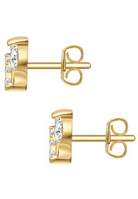 Guldtonade hängörhängen med en böjd design, som pryds av tre klara ädelstenar framtill. Fästning med postback för säker bärning.