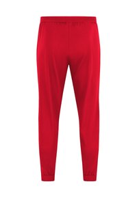 Rote Sporthose mit elastischem Bund, taillierter Form, glatter Textur und elastischen Bündchen an den Knöcheln. Keine sichtbaren Taschen oder Muster.