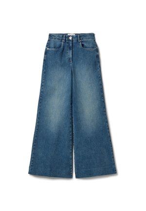 Blauwe denim jeans met wijde pijpen, voorzien van steekzakken aan de voorkant, lussen voor een riem, knoopsluiting en subtiele vervaagde details op de dijen.