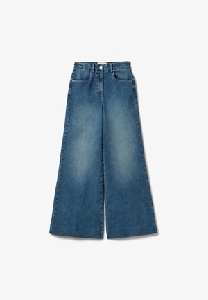 Blauwe denim jeans met wijde pijpen, voorzien van steekzakken aan de voorkant, lussen voor een riem, knoopsluiting en subtiele vervaagde details op de dijen.