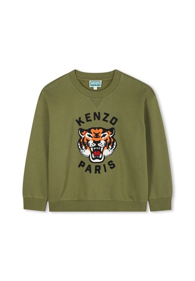 Felpa verde oliva con polsini e orlo a costine, caratterizzata da una grafica del tigre ricamata in arancione, nero e bianco, con il testo "KENZO PARIS".