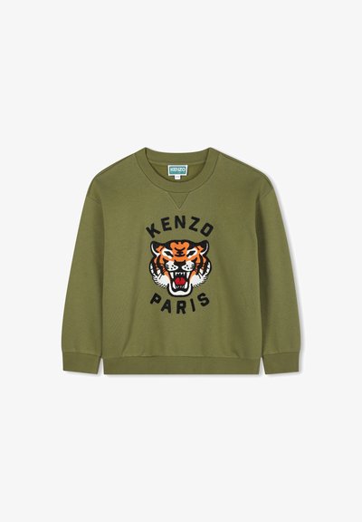 Felpa verde oliva con polsini e orlo a costine, caratterizzata da una grafica del tigre ricamata in arancione, nero e bianco, con il testo "KENZO PARIS".