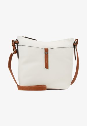 Borsa a tracolla bianca in pelle con una tracolla marrone, caratterizzata da una texture liscia e da una fascia di accentuazione anteriore con un dettaglio metallico.