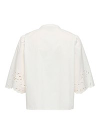 Blouse blanche à manches courtes avec broderie ajourée festonnée sur les manches, coupe ample et col rond, vue de dos.