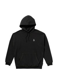 Sudadera con capucha negra hecha de una mezcla de algodón, con un bolsillo frontal, capucha con cordón, costuras amarillas en contraste y un pequeño detalle del logo.