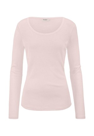 Vaaleanpunainen pitkähihainen t-paita, jossa on pyöreä kaula-aukko, valmistettu pehmeästä kankaasta, jossa on sileä pinta. Paita on istuva ja siinä on hieman venyvyyttä.