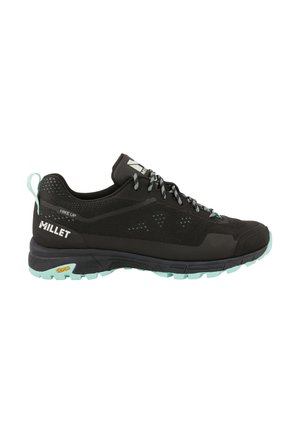 Black hiking shoe with mesh upper, reinforced toe, and turquoise accents. Features Vibram outsole for traction and durable laces.