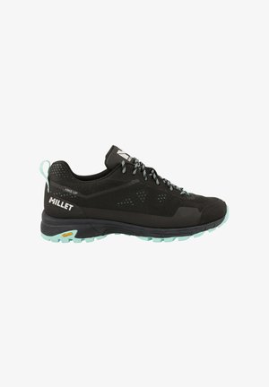Black hiking shoe with mesh upper, reinforced toe, and turquoise accents. Features Vibram outsole for traction and durable laces.