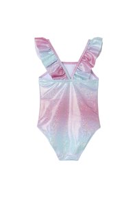 Iridescent enodelna kopalna obleka s pastelnimi roza in modrimi odtenki, ki ima nabranega trakove in gladko, sijočo teksturo.