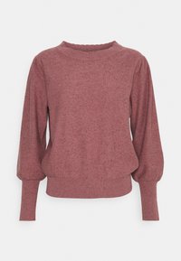 Pullover in Staubrosa mit Rundhalsausschnitt, langen Puffärmeln, gerippten Bündchen und Saum, aus strukturiertem Stoff.