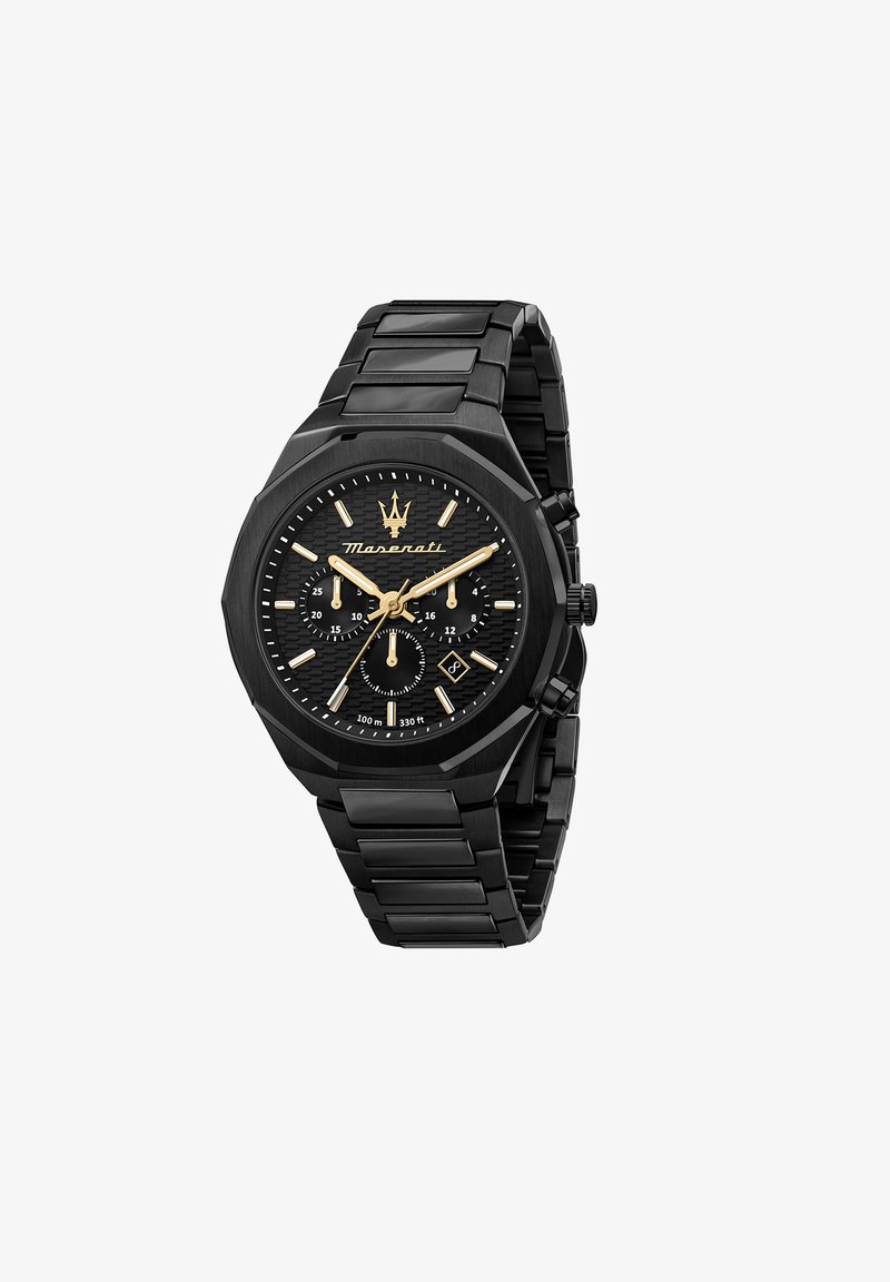 Schwarze Edelstahl-Uhr mit achteckigem Gehäuse, schwarzem strukturiertem Zifferblatt, goldenen Akzenten und Chronographen-Funktionen. Wasserdicht bis 100 m.